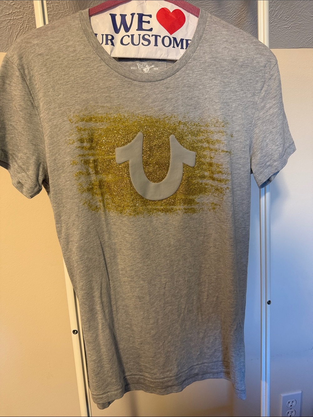 True Religion gold glitter logo grey tshirt - size S - NWT